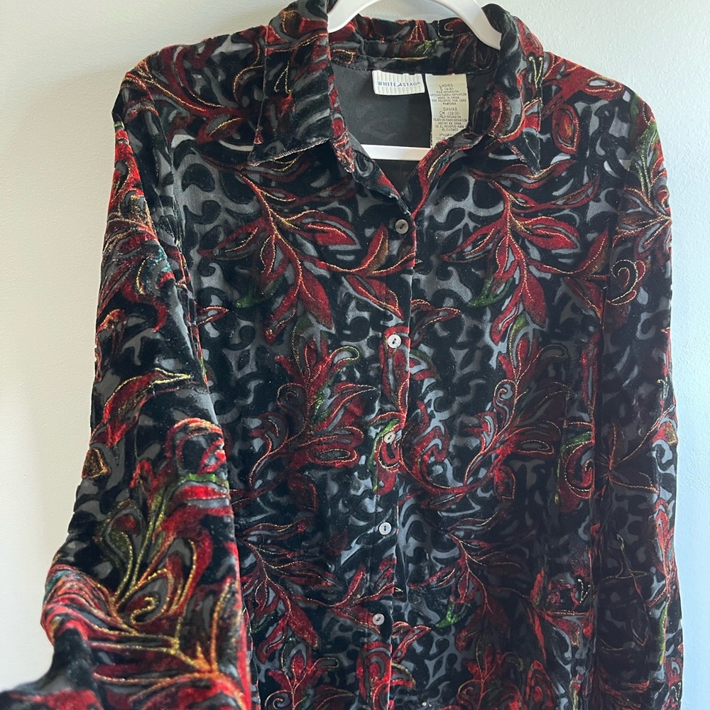 VTG White Stag women longsleeve buttonup ft velvet burnout botanical pattern